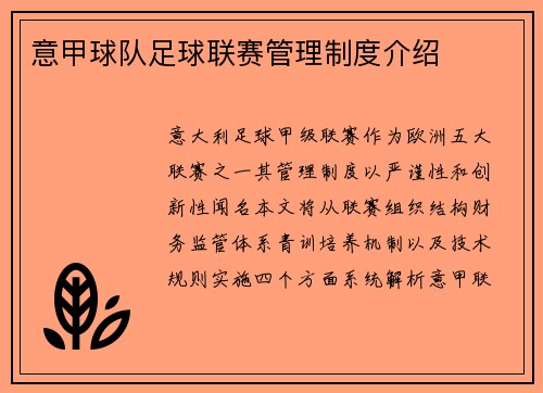 意甲球队足球联赛管理制度介绍