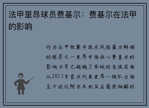 法甲里昂球员费基尔：费基尔在法甲的影响
