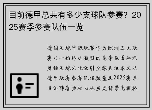 目前德甲总共有多少支球队参赛？2025赛季参赛队伍一览